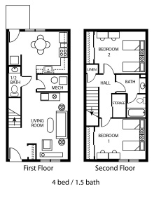 Zoom image: Floor plan of 4 bed / 1.5 bath apartment in Creekside Village.
