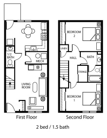 Zoom image: Floor plan of 2 bed / 1.5 bath apartment in Creekside Village.
