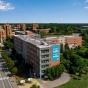 Exterior drone shot of Greiner Hall. 