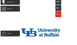 Screengrab of logitech touch pad. HDMI Input button, Apple TV button, TV Off Button, Volume Control buttons. 