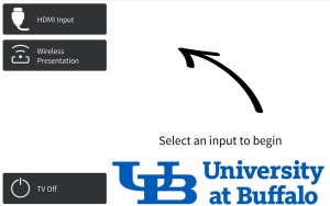 Screengrab of logitech touch pad. HDMI Input button, Wireless Presentation button, TV Off Button, Volume Control buttons. 