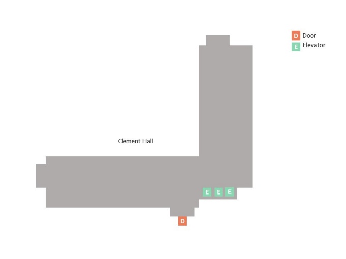 Drawing map of Clement Hall with doors and elevators marked. 