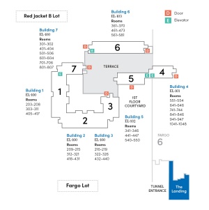 Zoom image: Map of evans quad with buildings, elevators, and doors listed.