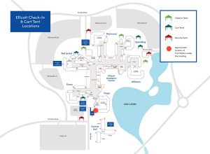 Zoom image: Map of Ellicott Complex laying out offices, tent check in locations, cart locations, and security..