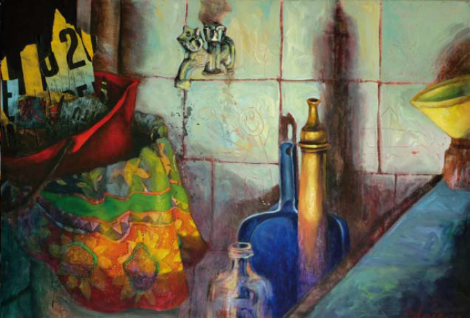 Laura Delgado, Funes, vaciadero de basura II (Funes, The Garbage Heap II), 2009, 27.5” x 39.5”, mixed media on canvas. 