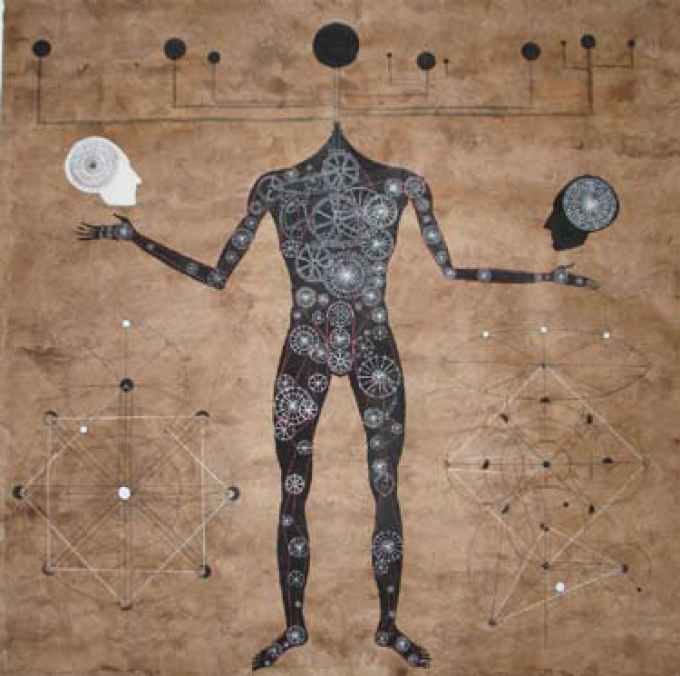 Carlos Estévez, El inmortal (The Immortal), 2006, 46” x 46”, tempera and pencil on amate paper. 