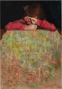 Laura Delgado, La otra - éramos demasiado parecidos y demasiado distintos (The Female Other - We Were too Similar and too Different), 2009, 39.5" x 27.5", mixed media on canvas. 