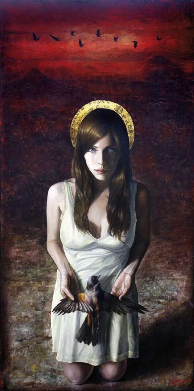 Ricardo Celma, El evangelio según Borges (The Gospel According to Borges), 2009, 59” x 29.5”, oil on canvas. 