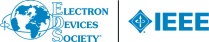 Blue and white logo featuring a globe with an orbital ring and the stylized text “Electron Devices Society” arranged around the initials “EDS.” A vertical divider separates it from the “IEEE” logo on the right, which includes a diamond-shaped symbol with an arrow and waveform graphic next to the large letters “IEEE.”. 