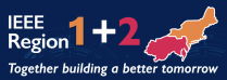 Banner graphic for IEEE Region 1 and Region 2 featuring the text “IEEE Region 1 + 2” above the tagline “Together building a better tomorrow.” A stylized map of the northeastern United States appears on the right, with Region 1 and Region 2 highlighted in contrasting colors against a dark blue background. 