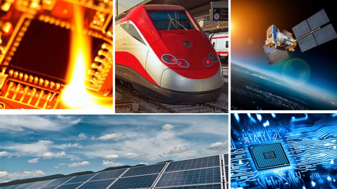 Five seperate photos of various sizes: Microchip on fire; Futuristic train sitting at station; sattelite orbiting earth; solar panels; microchip with light heading toward it. 