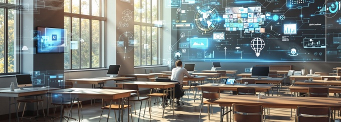 A highly detailed, photo-realistic image capturing the dynamic transition of a traditional college classroom morphing into a cutting-edge digital workspace. The scene blends natural light streaming through large windows, illuminating modern technology, interactive screens, and sophisticated AI tools integrated into the learning environment. Vintage wooden desks evolve into sleek, minimalist workstations, symbolizing the shift in educational paradigms. This vibrant composition focuses on the seamless integration of human interaction and digital innovation, effectively conveying the transformative impact of AI in enhancing the teaching experience. 