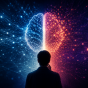 Conceptual digital illustration showing a person viewed from behind facing a split glowing brain. One half of the brain appears organic and human with blue neural connections, while the other half is composed of digital circuitry and data patterns in pink and orange tones. The image symbolizes the comparison between human intelligence and artificial intelligence in a futuristic environment. 