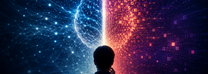 Conceptual digital illustration showing a person viewed from behind facing a split glowing brain. One half of the brain appears organic and human with blue neural connections, while the other half is composed of digital circuitry and data patterns in pink and orange tones. The image symbolizes the comparison between human intelligence and artificial intelligence in a futuristic environment.