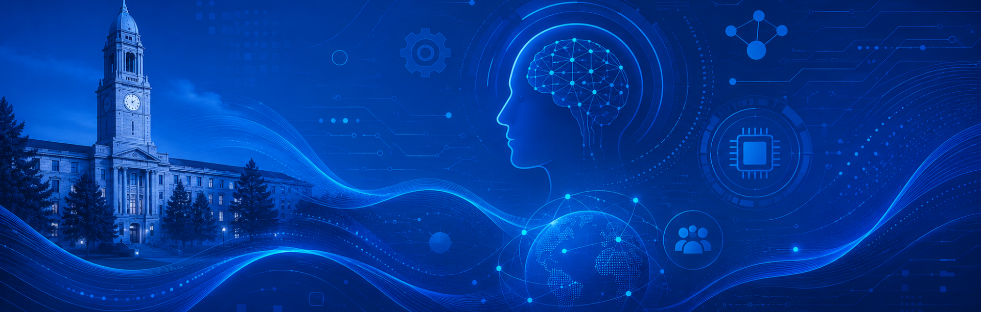Banner illustration featuring Hayes Hall at the University at Buffalo on the left side in deep UB blue tones, blended with futuristic artificial intelligence and digital learning imagery. The design includes glowing neural network graphics, circuit patterns, a digital globe and flowing data waves across a wide horizontal layout, symbolizing the intersection of higher education, technology and AI innovation. 