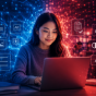 A student works on a laptop in a university study space, surrounded by glowing digital accessibility icons for captions, alt text, heading structure, readable text, document accessibility and contrast. Blue and red network graphics create a futuristic technology theme while other students work in the background. 