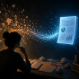 Conceptual illustration of a person seated at a desk reviewing notes and research materials while a chaotic cloud of handwritten ideas transforms into a clean digital report interface. Warm orange tones blend into cool blue technology visuals, symbolizing evidence-based analysis, human skepticism and the critical evaluation of AI-generated information. 