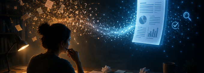 Conceptual illustration of a person seated at a desk reviewing notes and research materials while a chaotic cloud of handwritten ideas transforms into a clean digital report interface. Warm orange tones blend into cool blue technology visuals, symbolizing evidence-based analysis, human skepticism and the critical evaluation of AI-generated information.
