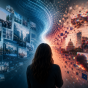 Abstract illustration depicting the contrast between authentic and AI-generated imagery. A person stands in the center viewing two opposing streams of visual content: realistic blue-toned photographs on one side and distorted, glitch-like manipulated images on the other. The image symbolizes misinformation, media literacy and the challenge of distinguishing real content from deceptive AI-generated visuals. 