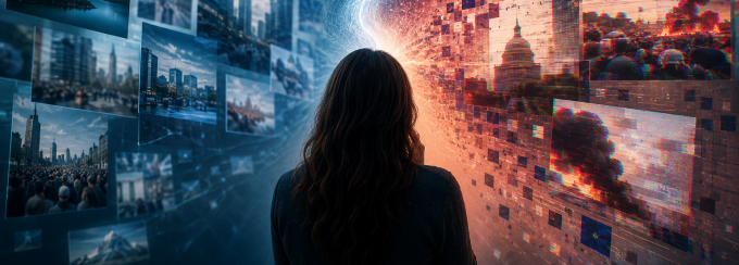 Abstract illustration depicting the contrast between authentic and AI-generated imagery. A person stands in the center viewing two opposing streams of visual content: realistic blue-toned photographs on one side and distorted, glitch-like manipulated images on the other. The image symbolizes misinformation, media literacy and the challenge of distinguishing real content from deceptive AI-generated visuals.