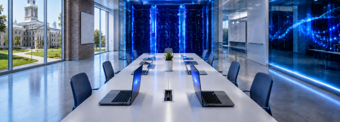 A computer lab with servers in the background and a few laptops on a table. 