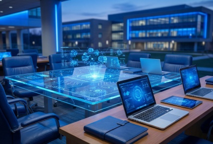 AI generated image of laptops on a desk with a visual representation of data shown. 