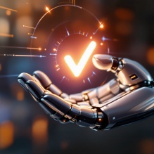 AI generated photo of a robot with a checkmark icon in it's hand.