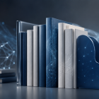 Abstract illustration of a digital knowledge repository featuring a row of books in blue, white and gray tones supported by transparent bookends. One book displays subtle circuit-like patterns, while a cloud-shaped bookend contains interconnected network nodes. Soft glowing data lines and geometric shapes in the background suggest artificial intelligence, digital learning and organized information resources. 