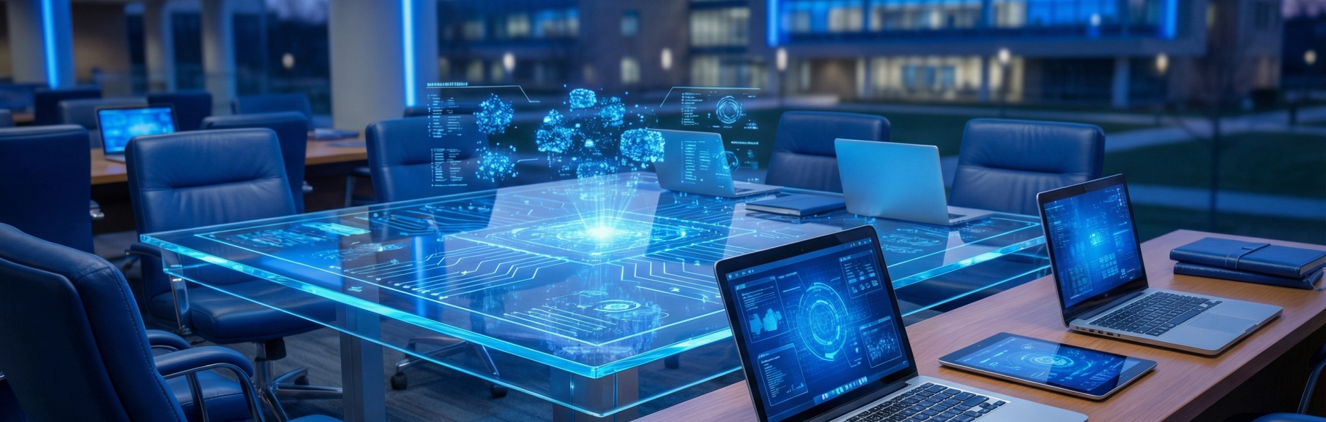 An imaginative depiction of artificial intelligence within the vibrant environment of a university, illustrating its interconnectedness across diverse departments and units.