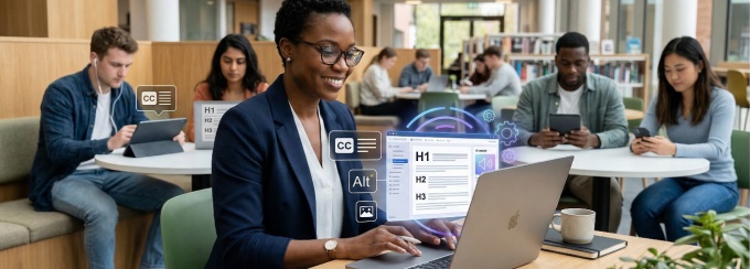 University instructor using AI tools on a laptop to improve accessibility features in digital course materials while students access content on various devices in a modern classroom. 