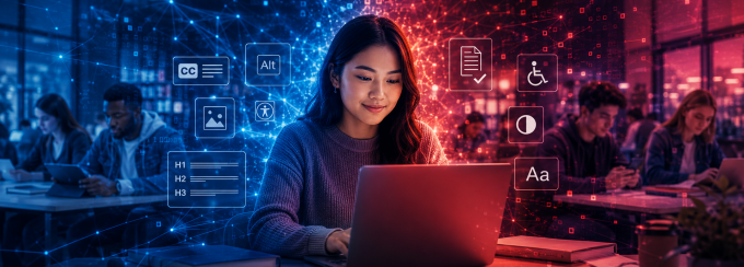 A student works on a laptop in a university study space, surrounded by glowing digital accessibility icons for captions, alt text, heading structure, readable text, document accessibility and contrast. Blue and red network graphics create a futuristic technology theme while other students work in the background. 