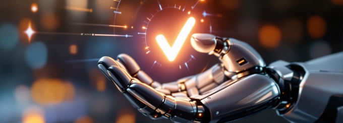 A robotic hand interacts with a glowing check mark symbol, emphasizing the fusion of technology and automation in a modern digital landscape and user interface. 