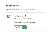 Zoom image: An example submission with Turnitin Similarity Report Enabled. The score is 14%, which may seem low and neglible, but it does not show the AI use in the score. Click on the percentage to show the AI detection feature.   