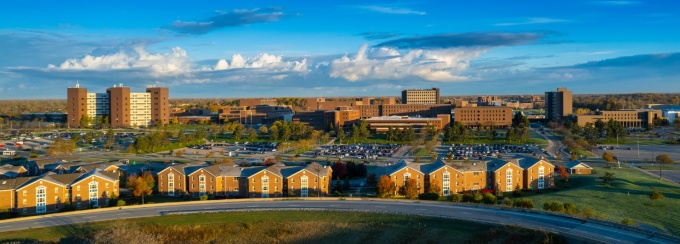 Exterior aerial image of the North Campus in the fall. 