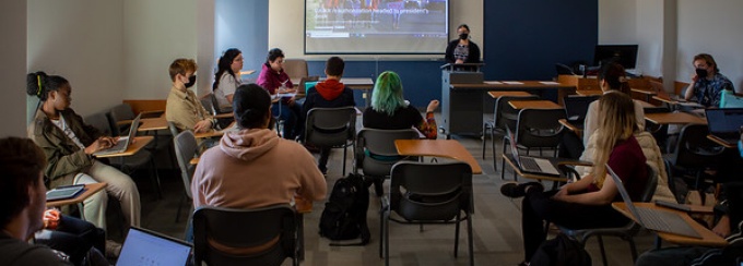 Students in an American Studies class, taught by Jennifer Loft, in Cooke Hall in March 2022. 
