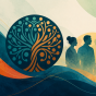 Abstract widescreen banner featuring a stylized teal and orange tree emblem alongside silhouetted figures engaged in conversation and collaboration. Flowing watercolor-inspired shapes and overlapping circular patterns create a sense of connection, collective learning and transformative dialogue. 