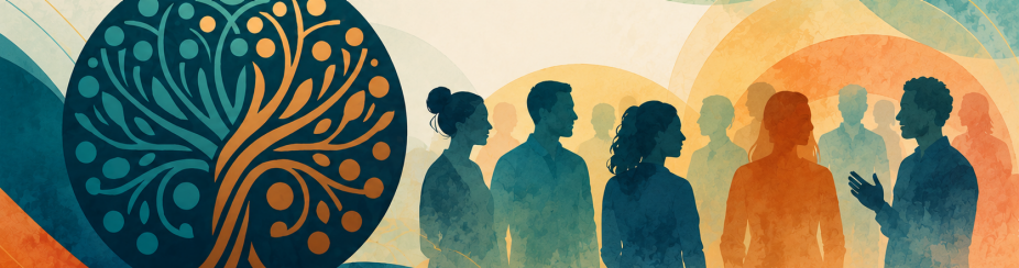 Abstract widescreen banner featuring a stylized teal and orange tree emblem alongside silhouetted figures engaged in conversation and collaboration. Flowing watercolor-inspired shapes and overlapping circular patterns create a sense of connection, collective learning and transformative dialogue. 