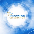 Abstract digital background in UB blue and white featuring subtle circuit patterns and hexagonal elements, with a large white circular area centered in the image and the &ldquo;Innovation Celebration&rdquo; logo placed in the middle. 