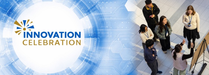 Abstract digital background in UB blue and white featuring subtle circuit patterns and hexagonal elements, with a large white circular area centered in the image and the &ldquo;Innovation Celebration&rdquo; logo placed in the middle. Next to that is an group of instrtuctors looking at a poster. 