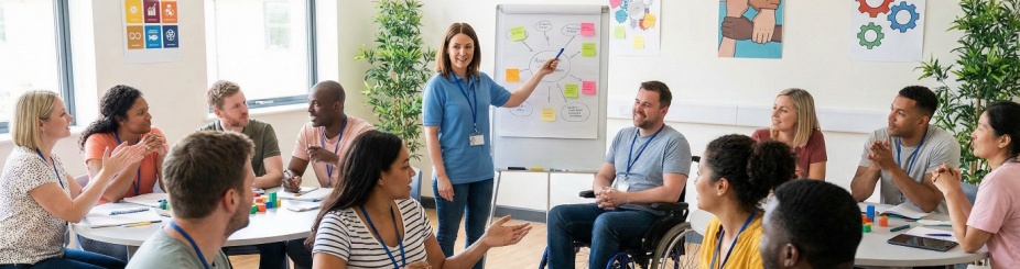 Diverse instructors participate in a hands-on workshop in a classroom, working in small groups around tables with course materials while a facilitator leads a collaborative discussion on teaching strategies. 