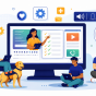 Diverse students use laptops around a large monitor displaying an online course, alongside accessibility icons, a wheelchair user, a service dog, books and plants. 