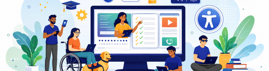 Diverse students use laptops around a large monitor displaying an online course, alongside accessibility icons, a wheelchair user, a service dog, books and plants. 