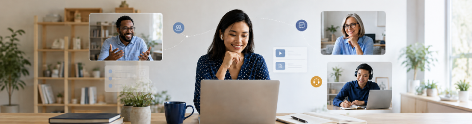 A group of higher education professionals participate in a virtual meeting from separate workspaces, connected through video call windows and subtle digital interface elements. 