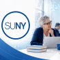 Faculty members collaborate around laptops and a tablet beneath digital icons representing ethics, security and AI, with the SUNY logo prominently displayed on the left. 
