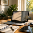 Laptop, notebook and teaching materials on a desk, representing course preparation and instructional technology support. 