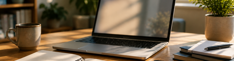 Laptop, notebook and teaching materials on a desk, representing course preparation and instructional technology support. 