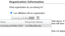 Zoom image: Under organization information, in the &quot;I am affiliated with an organization&quot; search bar, search University at Buffalo-SUNY.  