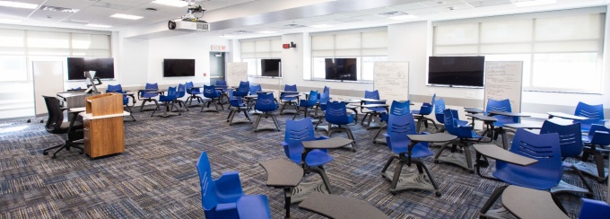 Recently renovation classrooms and other spaces inside Farber Hall, photographed in August 2021. Photographer: Douglas Levere. 