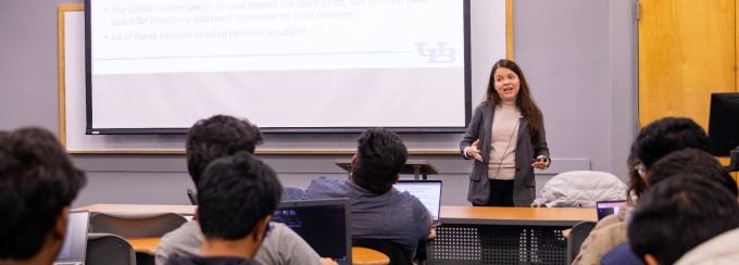 Professor Diana Ramirez Rios, a recent hire with the School of Engineering and Applies Sciences, teaches in a classroom in the Natural Sciences Complex in October 2022. Photographer: Meredith Forrest Kulwicki. 
