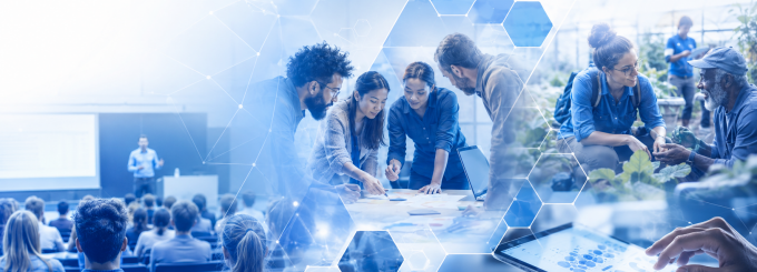 Faculty and students collaborate in a UB blue collage featuring a lecture hall, research discussion, community engagement and digital data analysis, connected by geometric overlays. 